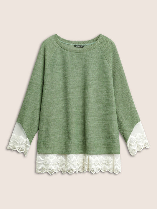 Guipure Lace Raglan Sleeve Plisse Sweatshirt