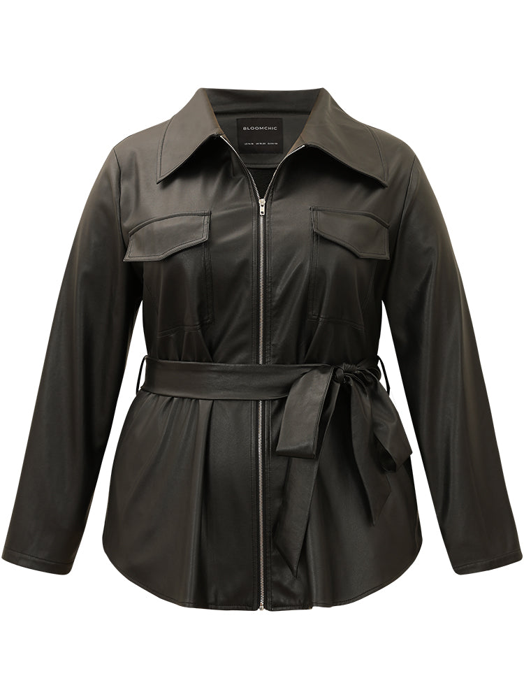 Plain PU Leather Knot Pocket Zipper Belted Jacket