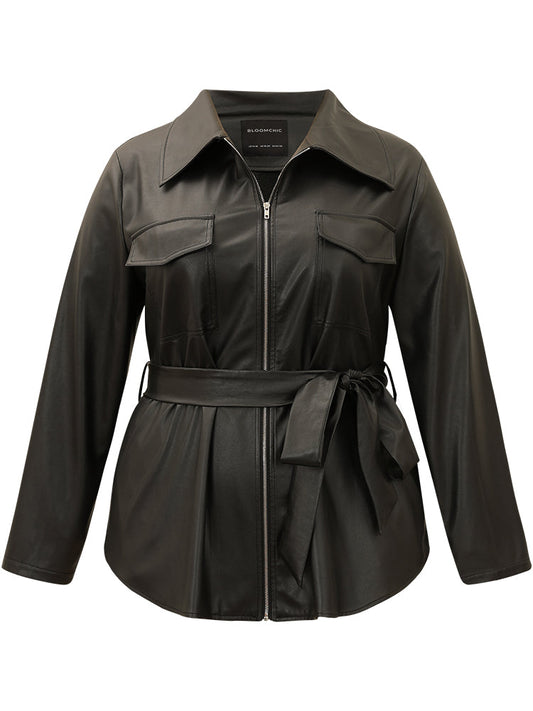 Plain PU Leather Knot Pocket Zipper Belted Jacket