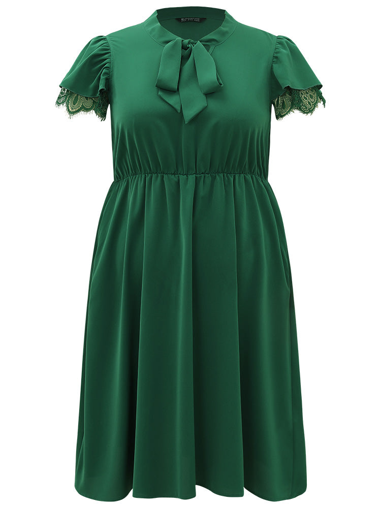 Solid Knot Neck Pocket Eyelet Lace Dress