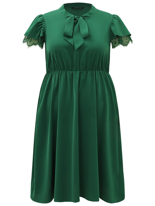 Solid Knot Neck Pocket Eyelet Lace Dress