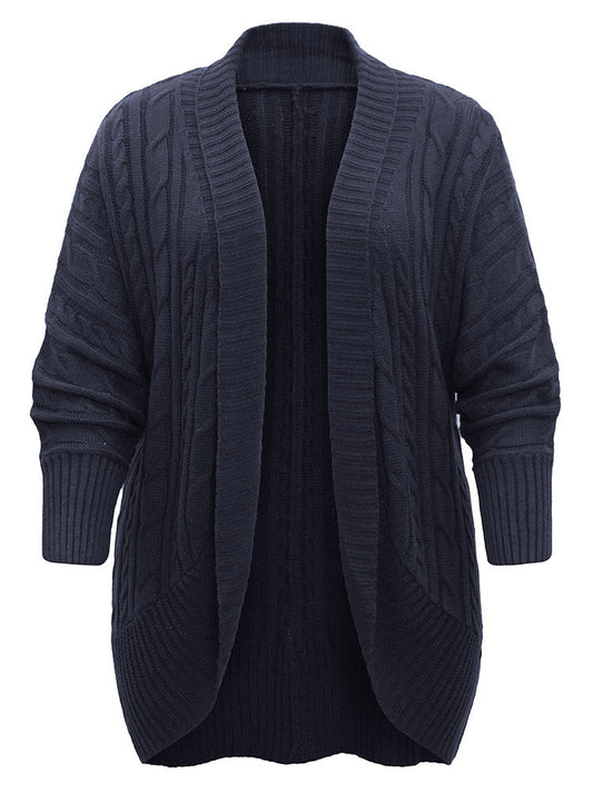 Solid Cable Knit Texture Arc Hem Dolman Sleeve Cardigan