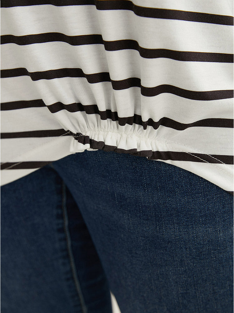 Striped Patchwork Asymmetrical Hem Floral Raglan Sleeve T-shirt