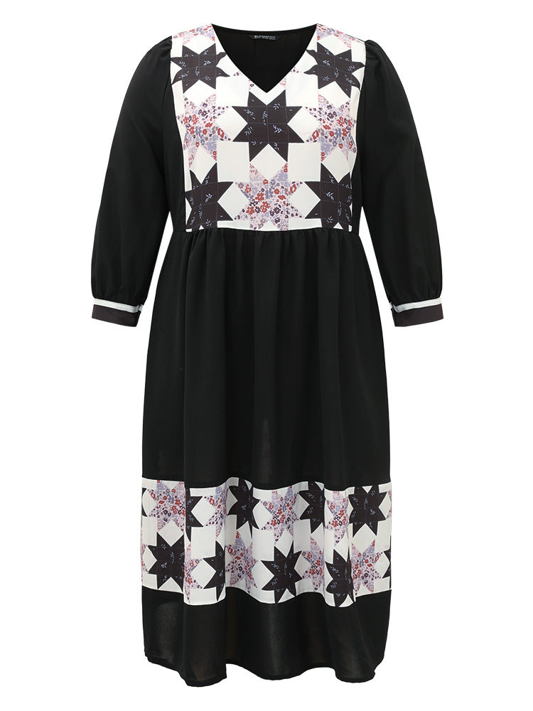 Geometric Colorblock Pocket Gathered Dress