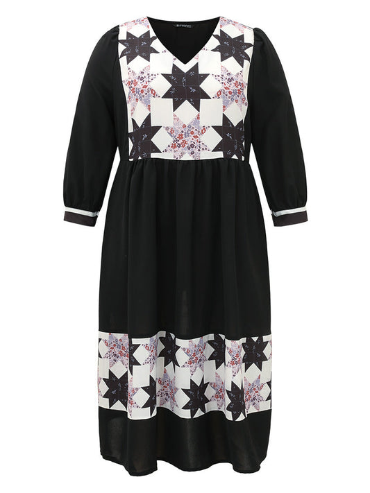 Geometric Colorblock Pocket Gathered Dress