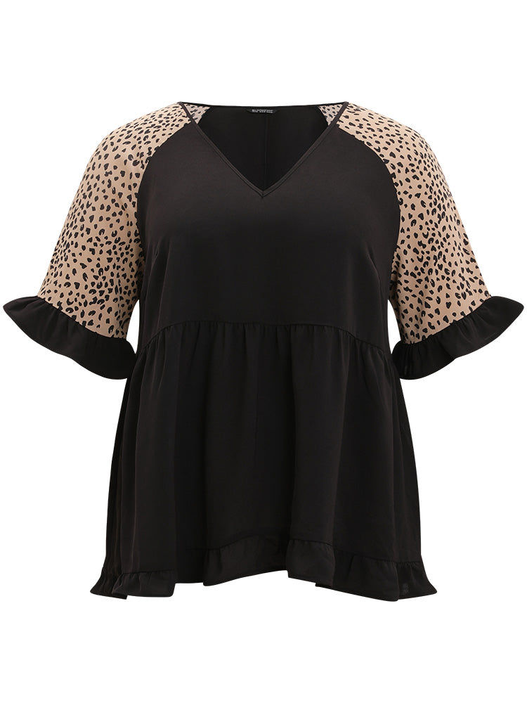 Leopard Print Raglan Sleeve Gathered Ruffle Trim Blouse