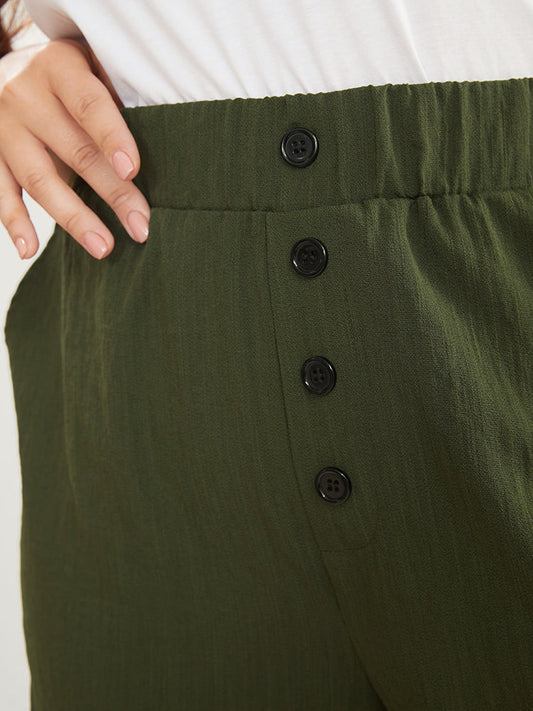 Solid Elastic Waist Button Detail Pocket Loose Pants