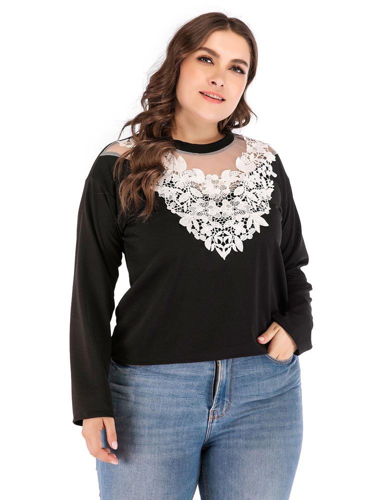 Lace Patchwok Round Neck T-shirt