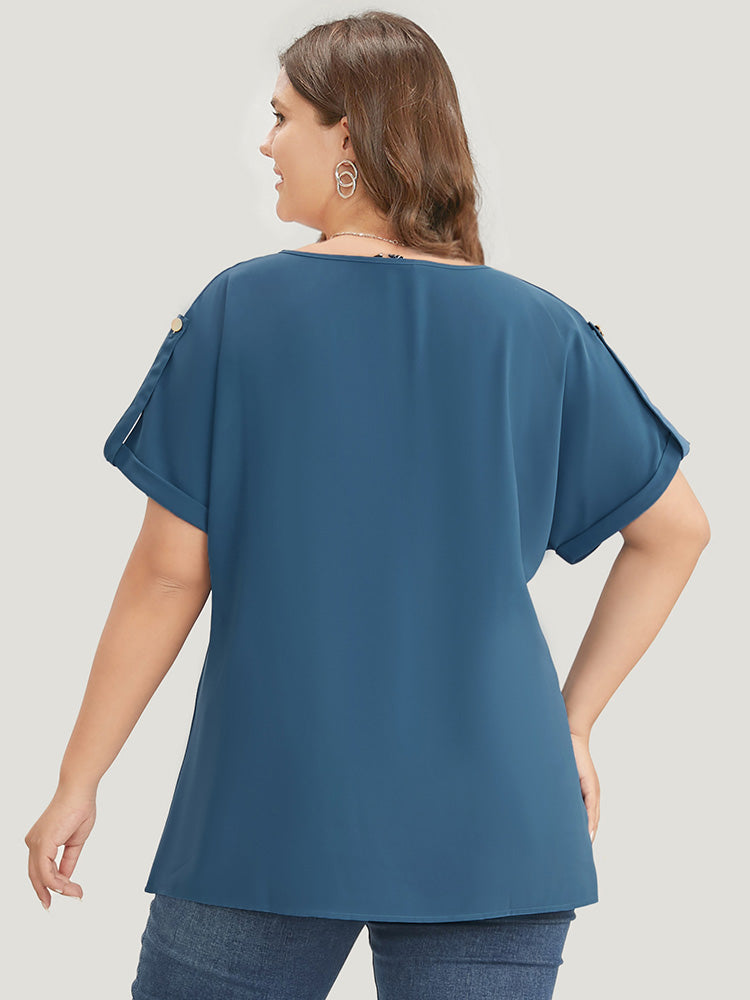 Plain Notched Neck Roll Sleeve Blouse
