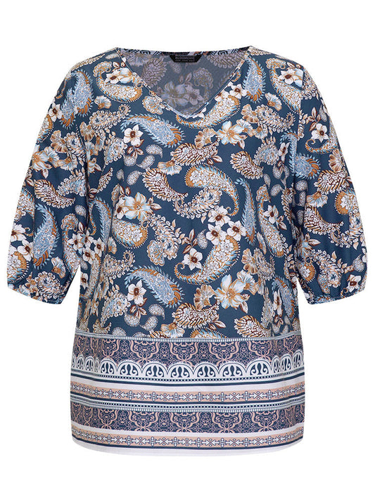 Paisley Print Patchwork V Neck Blouse