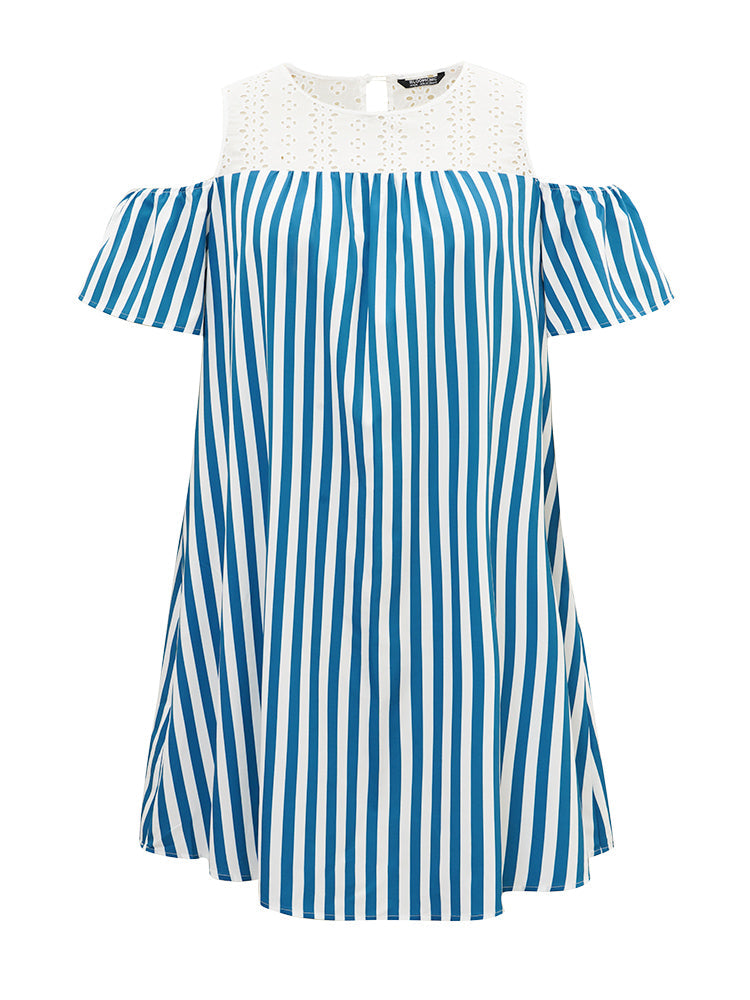 Laser Cut Pocket Striped Patchwork Keyhole Dress