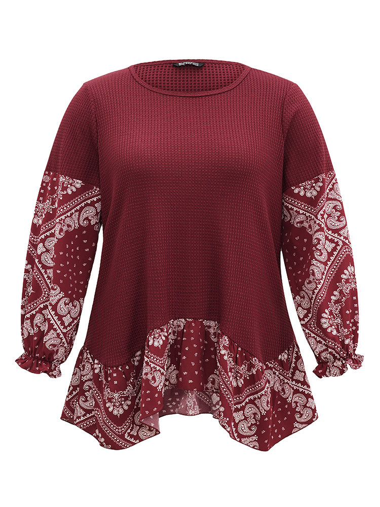 Paisley Print Patchwork Waffle Knit Lantern Sleeve T-shirt