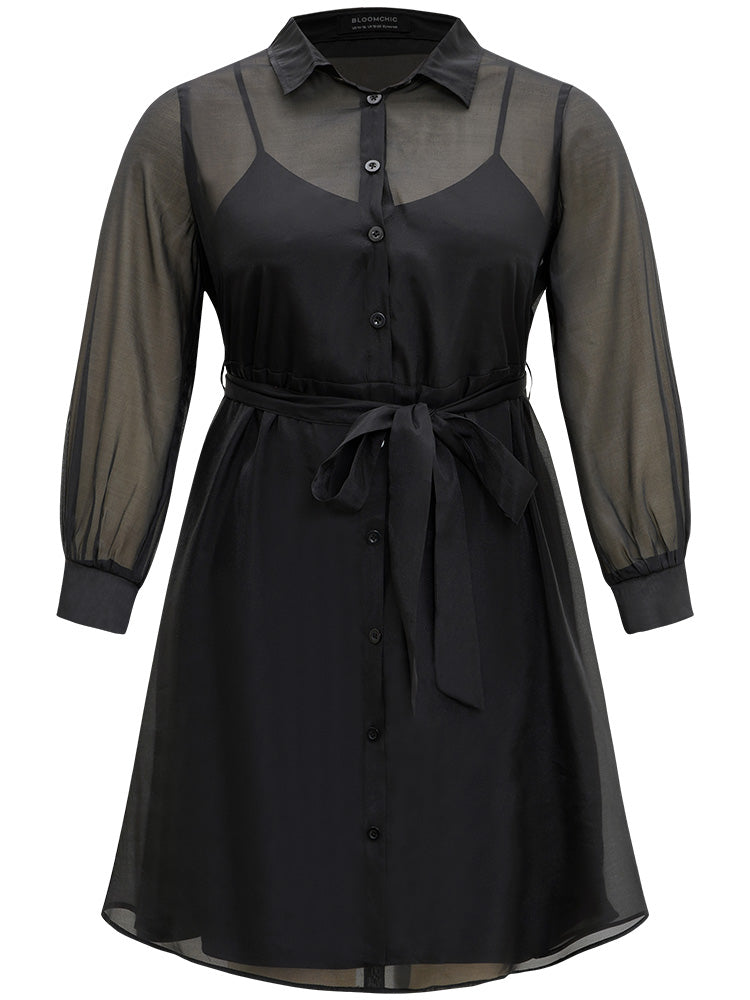 Shirt Collar Button Up Belted Mesh Dress