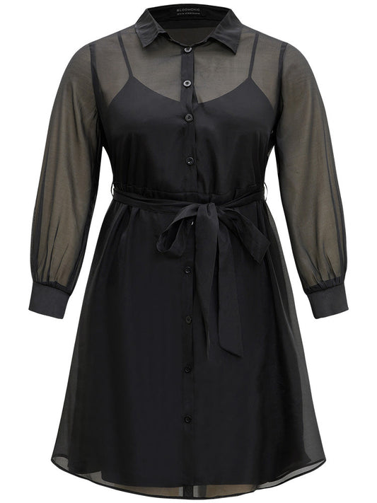 Shirt Collar Button Up Belted Mesh Dress