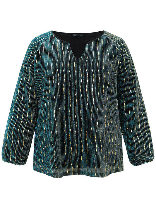 Sequin Notched Lantern Sleeve Blouse