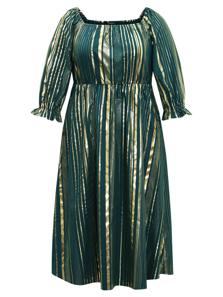 Glitter Square Neck Pocket Elastic Waist Dress