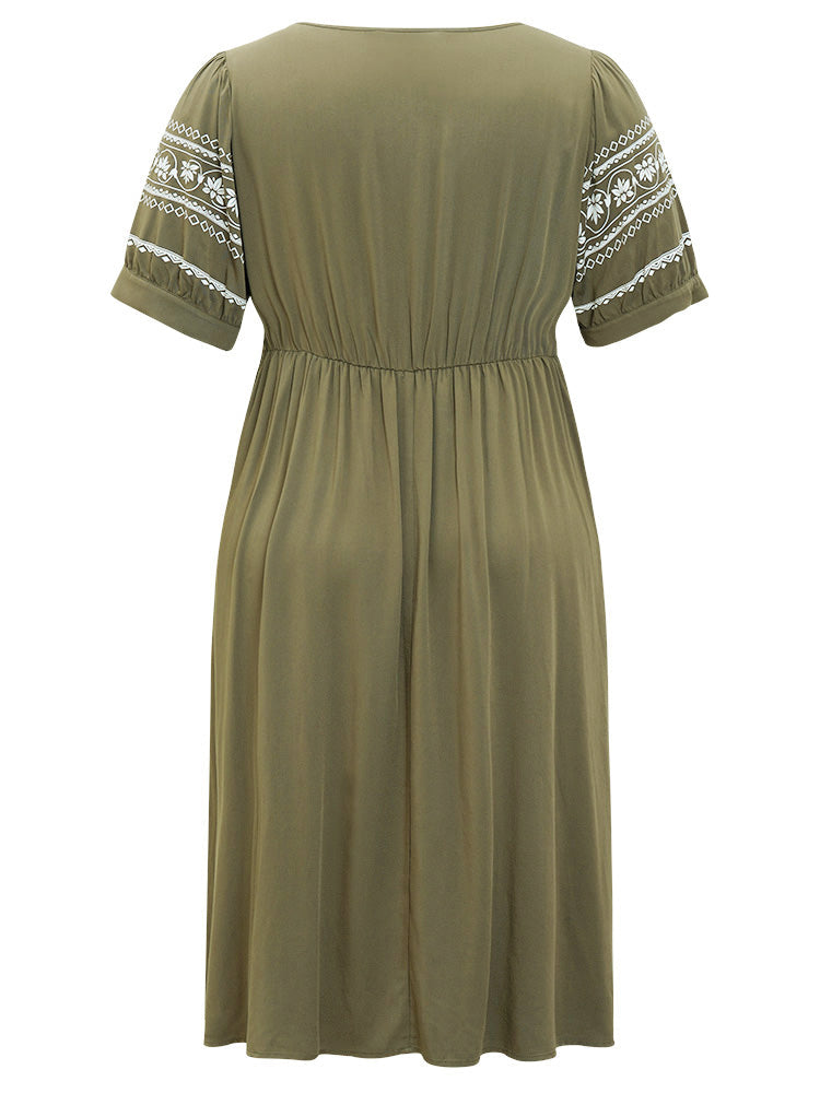 Floral V Neck Puff Sleeve Pocket Flutter Dress