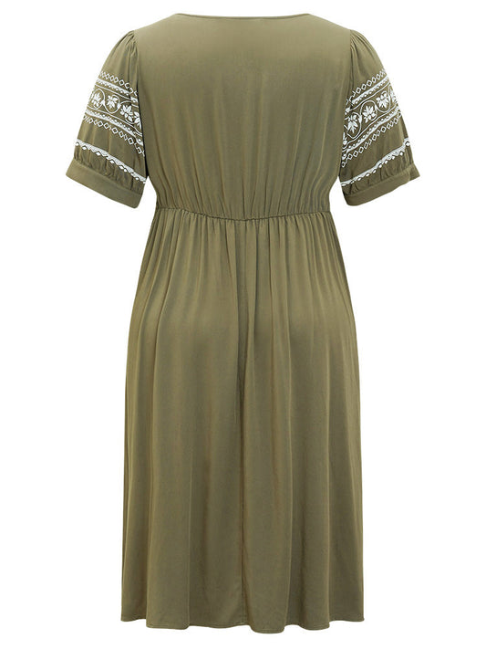 Floral V Neck Puff Sleeve Pocket Flutter Dress