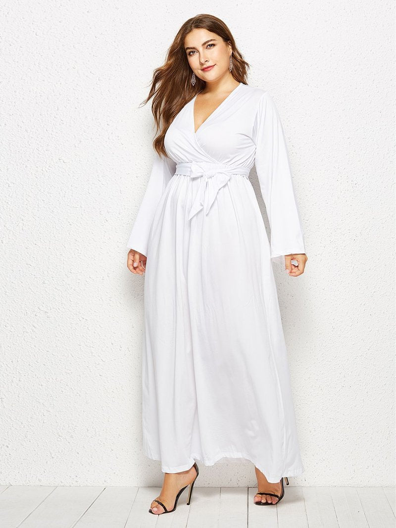 Belt V-neck Solid Color Maxi Dress