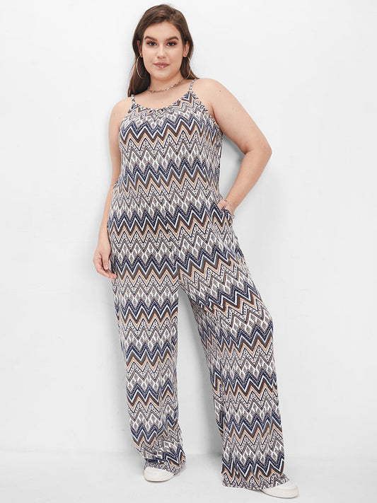 Wave Striped Color Block Pocket Straight Jumpsuit