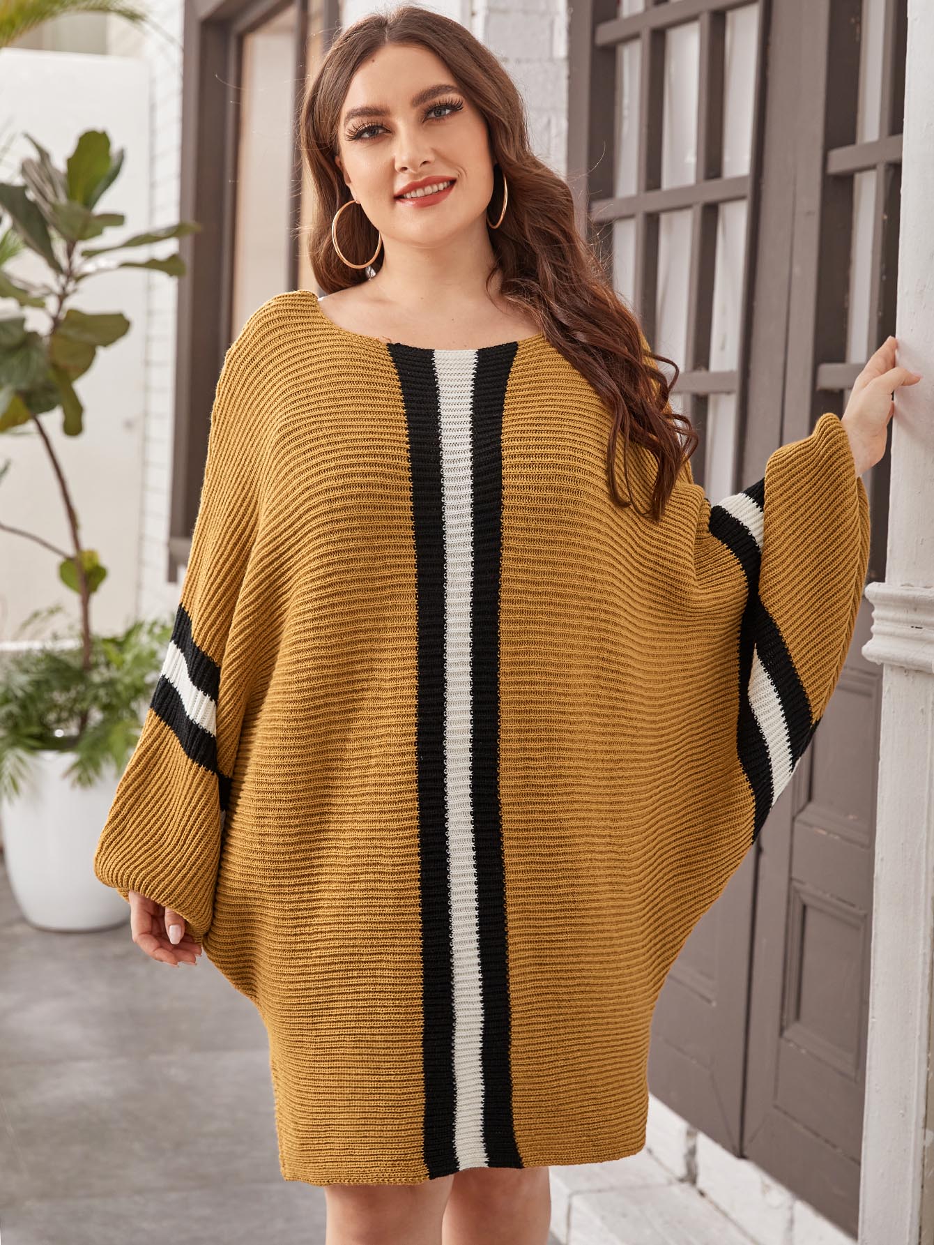 Striped Pattern Batwing Sleeve Sweater Dress