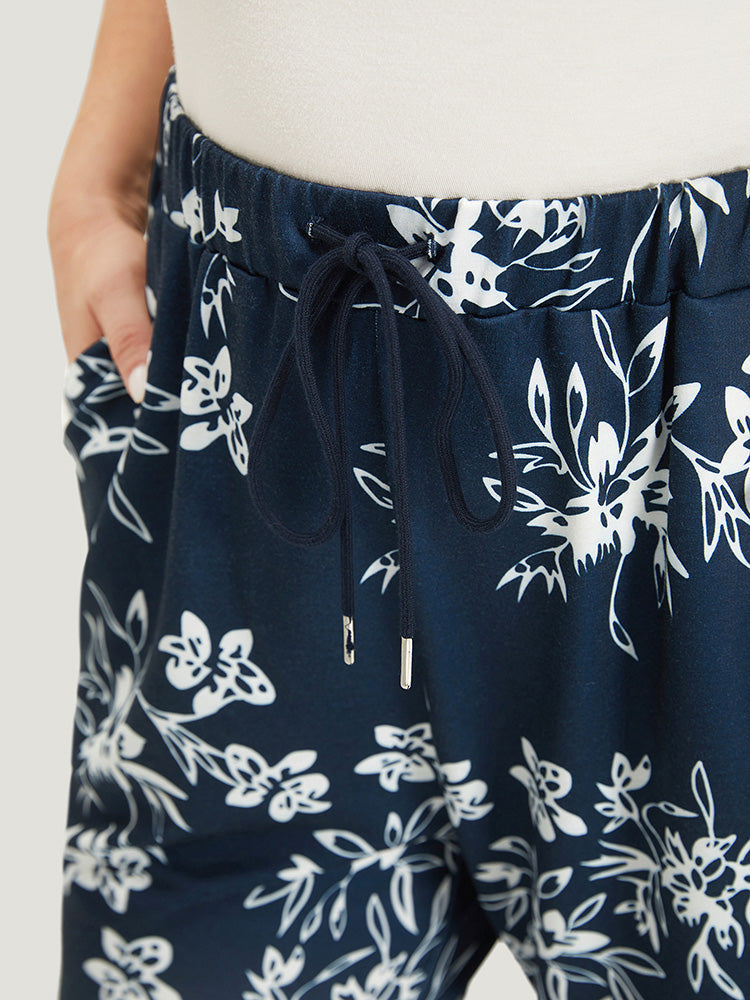 Silhouette Floral Print Drawstring Pocket Sweatpants