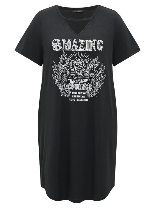 Graphic & Letter Print Pocket Cut Out Dress