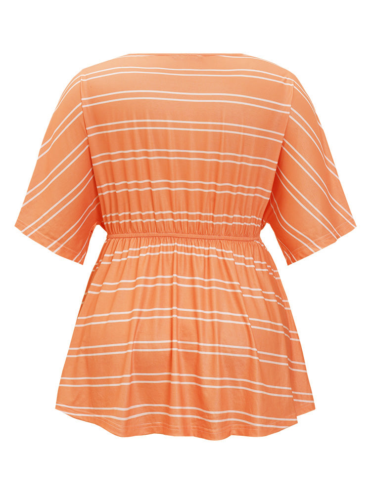 Striped Print Knot Front Dolman Sleeve T-shirt