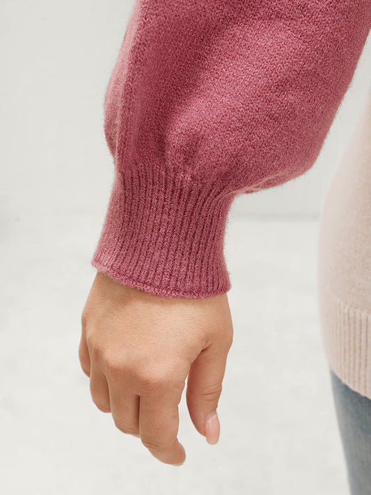 Colorblock Contrast Soft Pointelle Knit Lantern Sleeve Knit Top