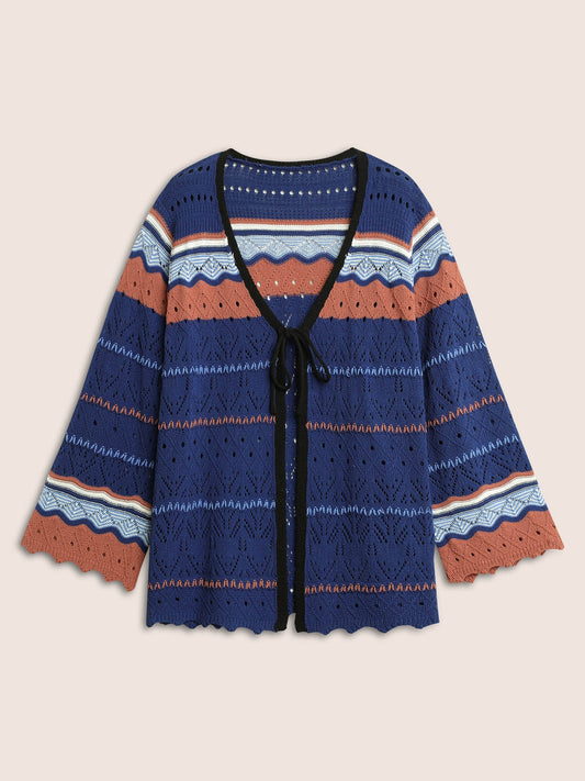 Contrast Texture Hollow Out Ties Cardigan
