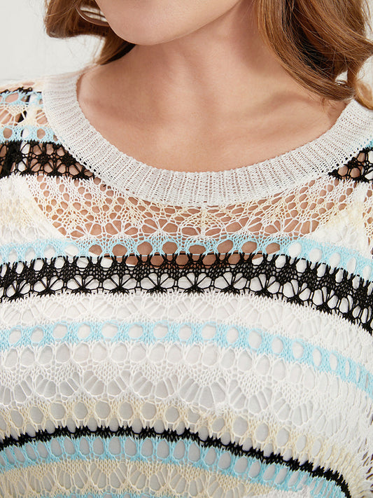 Striped Contrast Ice Rayon Yarn Cut Out Round Neck Knit Top