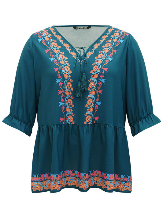 Bandana Print Ties Flutter Trim Gathered Blouse