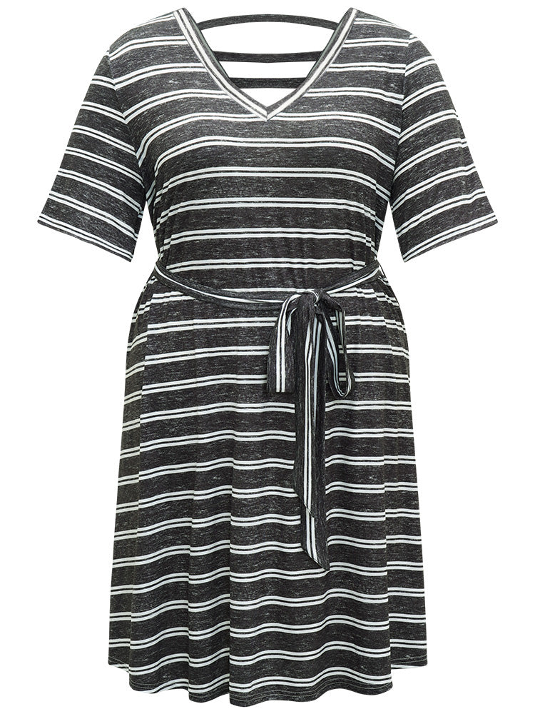 Striped V Neck Pocket Belted Back Cut Out Dress