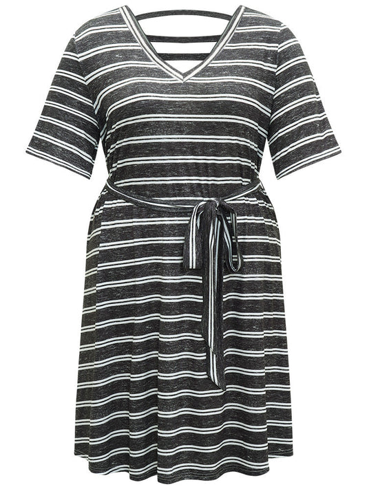 Striped V Neck Pocket Belted Back Cut Out Dress