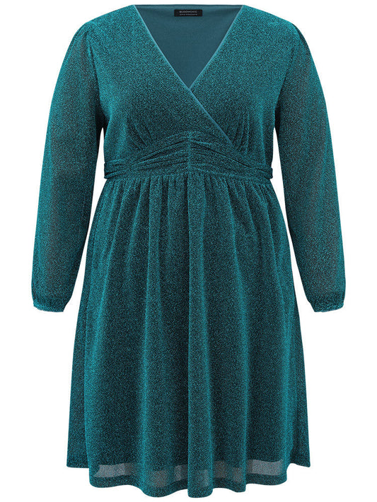 Glitter Overlap Collar Pocket Ruched Dress