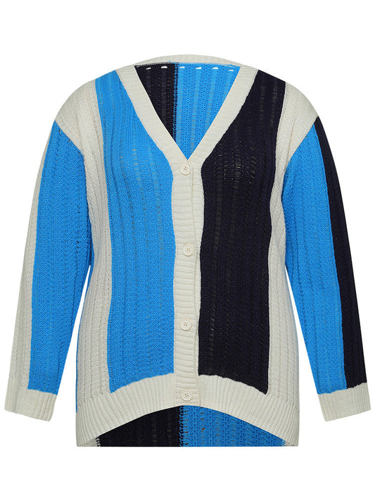 Colorblock Contrast Button Down Drop Shoulder Cardigan
