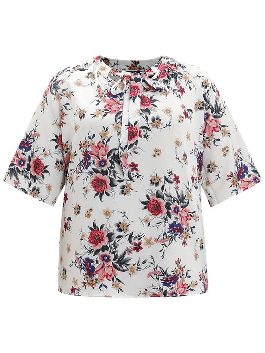 Floral Print Knot Neck Half Sleeve Blouse