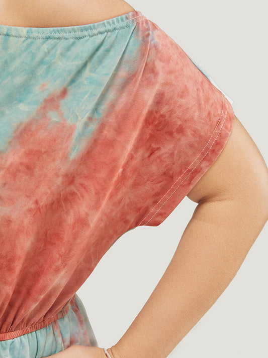 Tie Dye Knotted Pocket Dolman Sleeve One Shoulder Jumpsuit