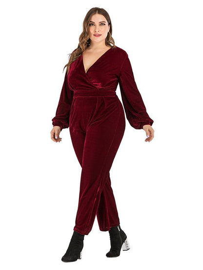 Velvet V-neck Solid Color Jumpsuits