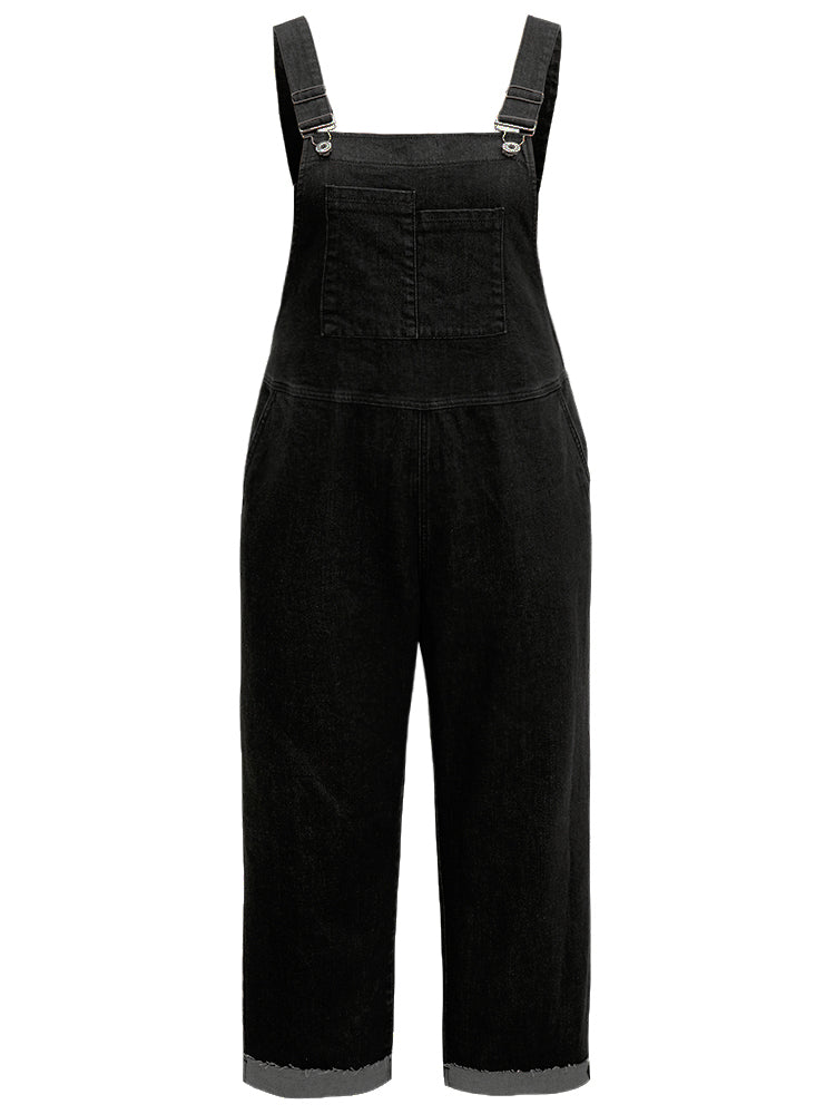 Plain Patched Pocket Roll Hem Overall Jeans