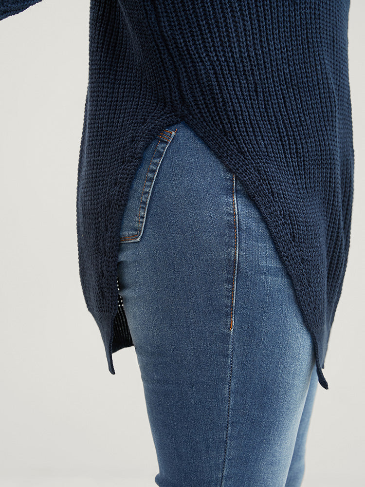 Solid Pointelle Knit Cut Out Funnel Neck Split Knit Top