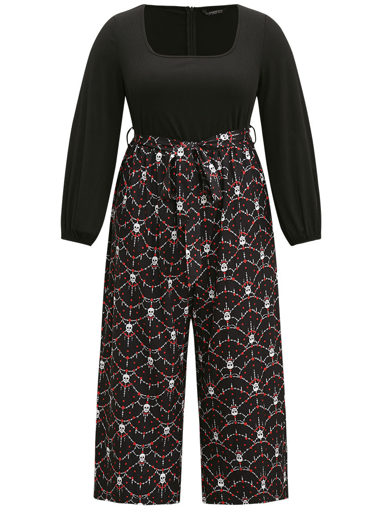 Halloween Skull Print Patchwork Belted Jumpsuit