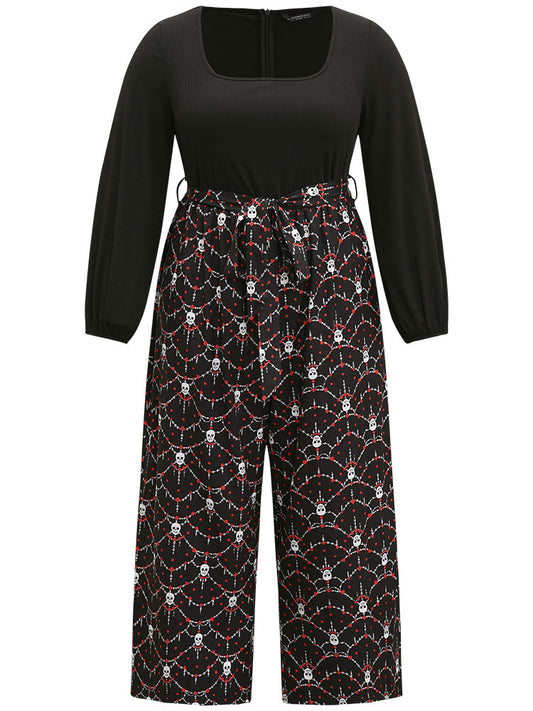 Halloween Skull Print Patchwork Belted Jumpsuit