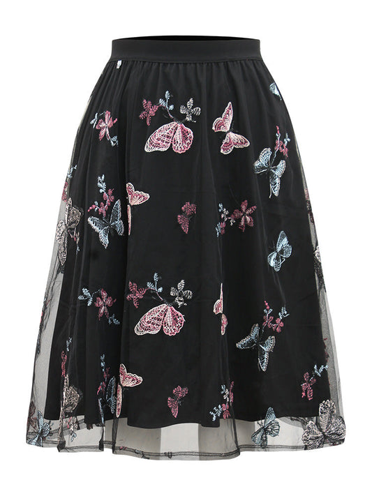 Butterfly Embroidered Mesh Elastic Waist Skirt