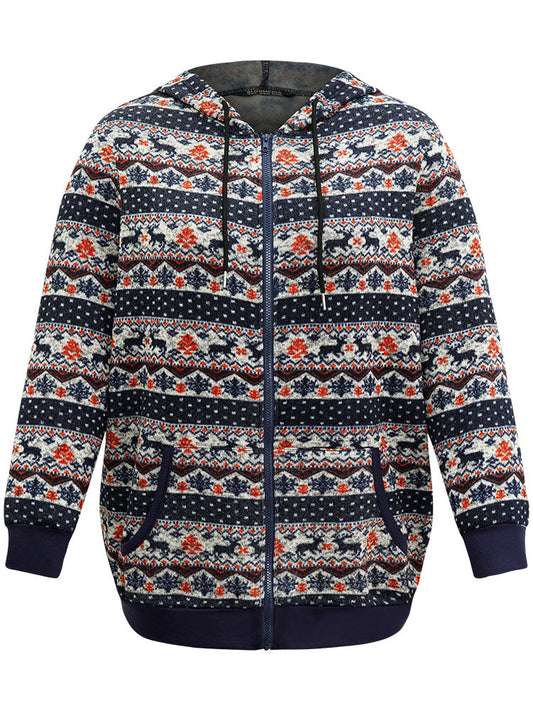 Christmas Elk Zipper Hooded Drawstring Sweatshirt