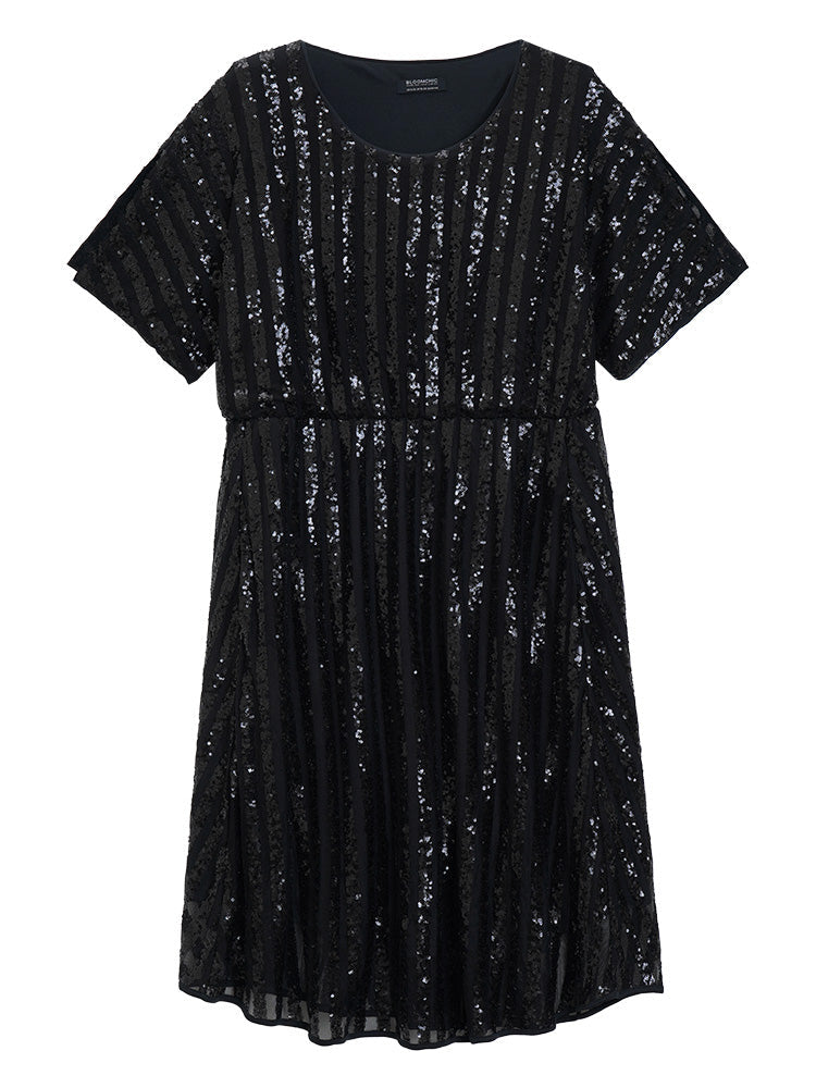 Plain Split Sleeve Pocket Sequin Mesh Dress