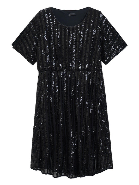Plain Split Sleeve Pocket Sequin Mesh Dress