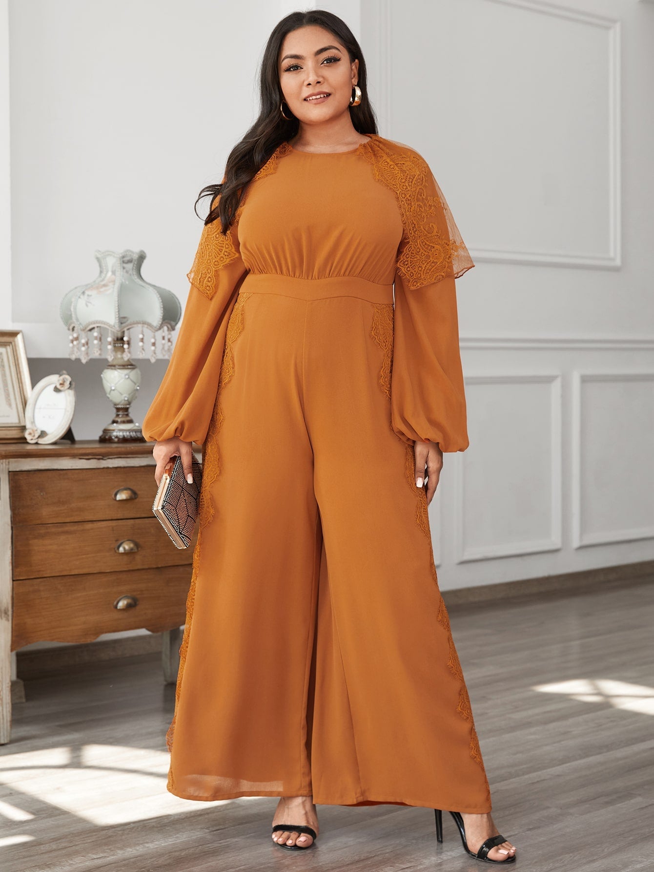 Lantern Sleeve Lace Panel Wide Leg Jumpsuit