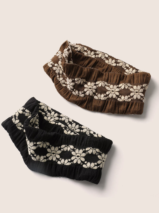 2 Pcs Floral Print Two Tone Elastic Headbands