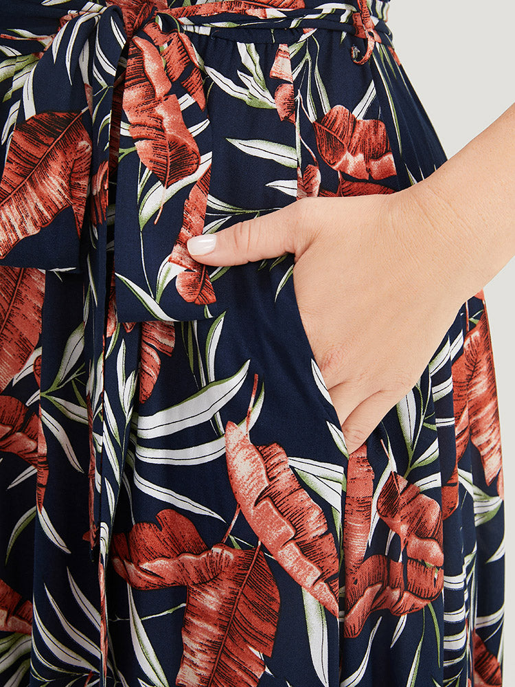 Tropical Print Halter Neck Knot Back Pocket Belt Ruffles Dress